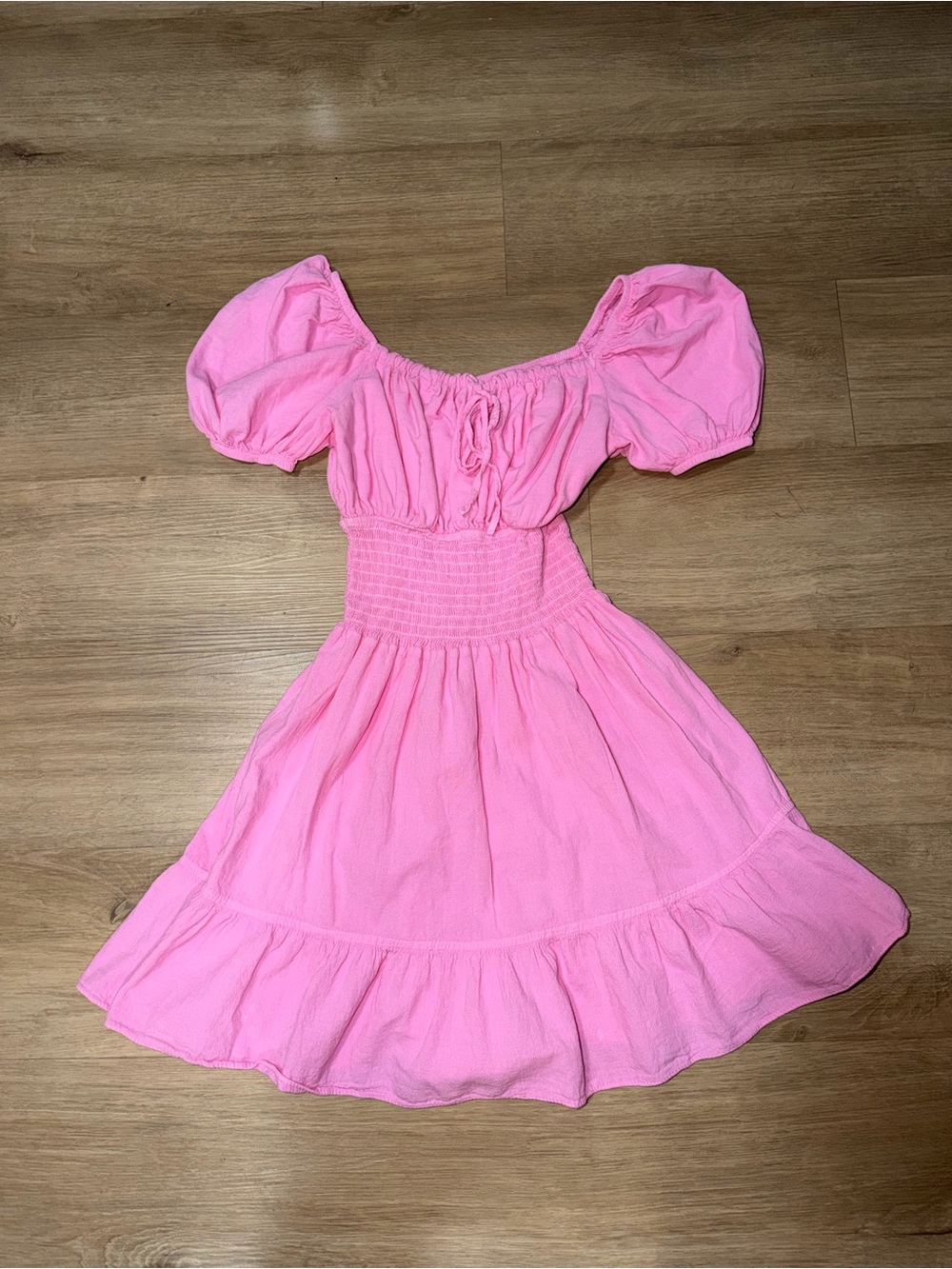 Pink Puff-Sleeve Smocked Waist Mini Dress